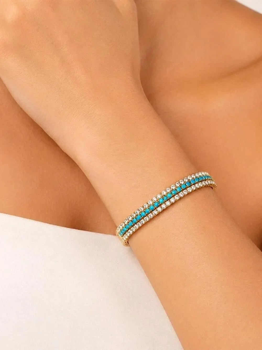 Created Turquoise & White Sapphire Bracelet 14k Yellow Gold Plated